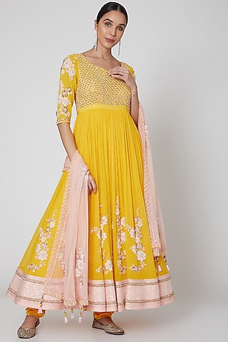 Yellow & Blush Pink Embroidered Anarkali Set by MADZIN