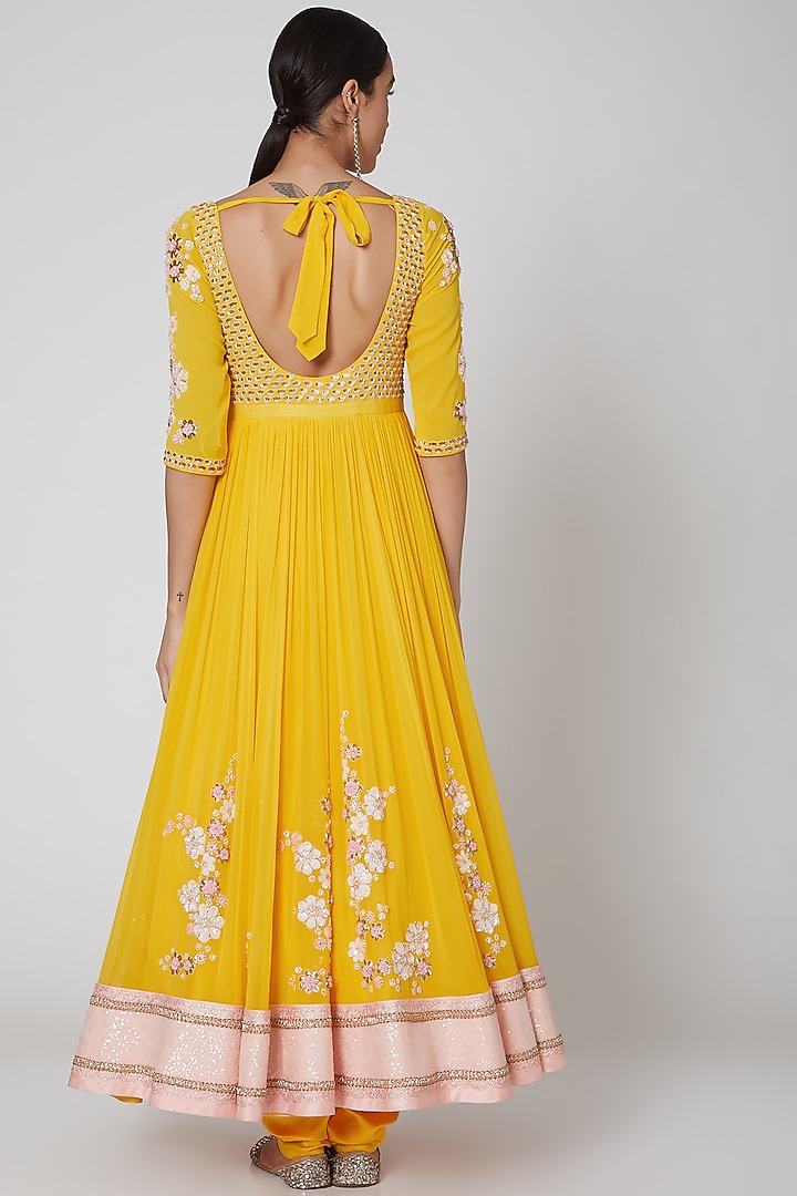 Yellow & Blush Pink Embroidered Bridal Anarkali Set by MADZIN at Pernia's Pop Up Shop