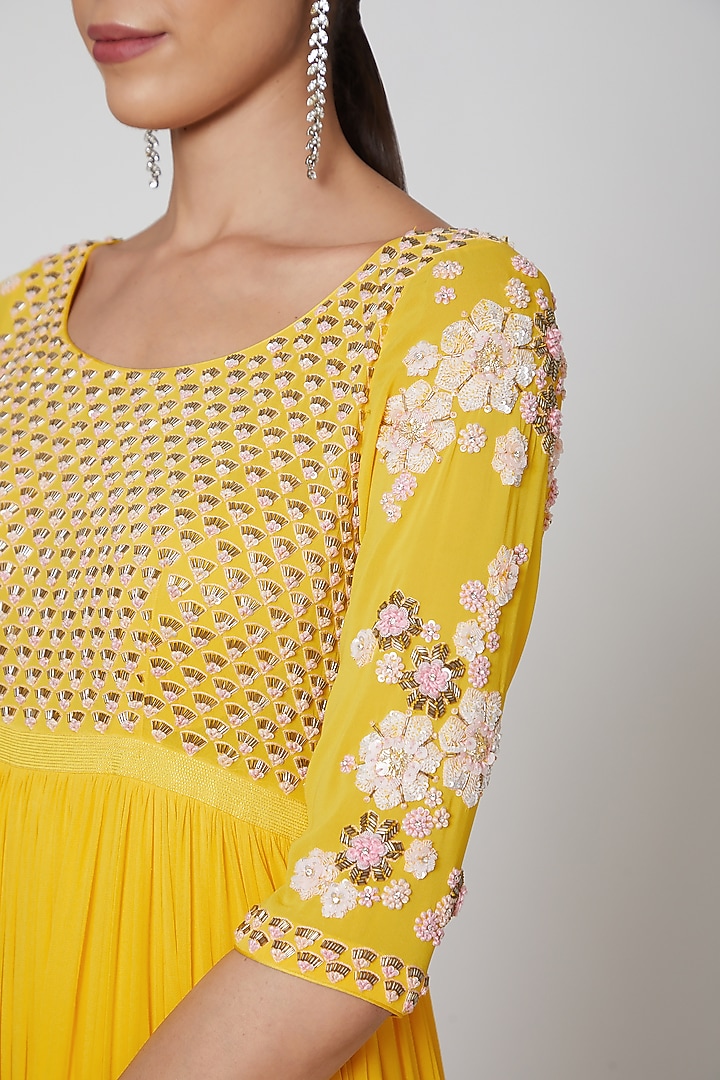 Yellow & Blush Pink Embroidered Bridal Anarkali Set by MADZIN at Pernia's Pop Up Shop