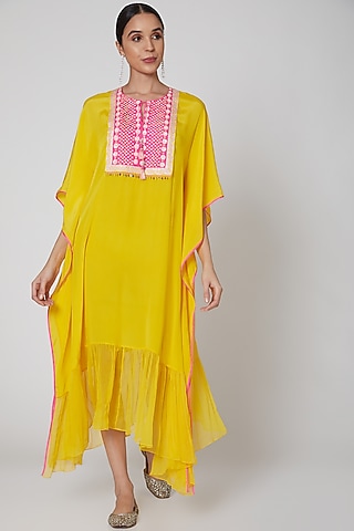 Yellow & Fuchsia Embroidered Kaftan by MADZIN