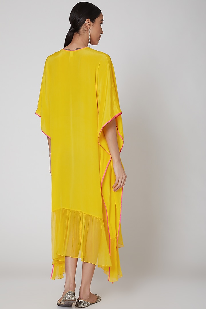 Yellow & Fuchsia Embroidered Kaftan by MADZIN at Pernia's Pop Up Shop