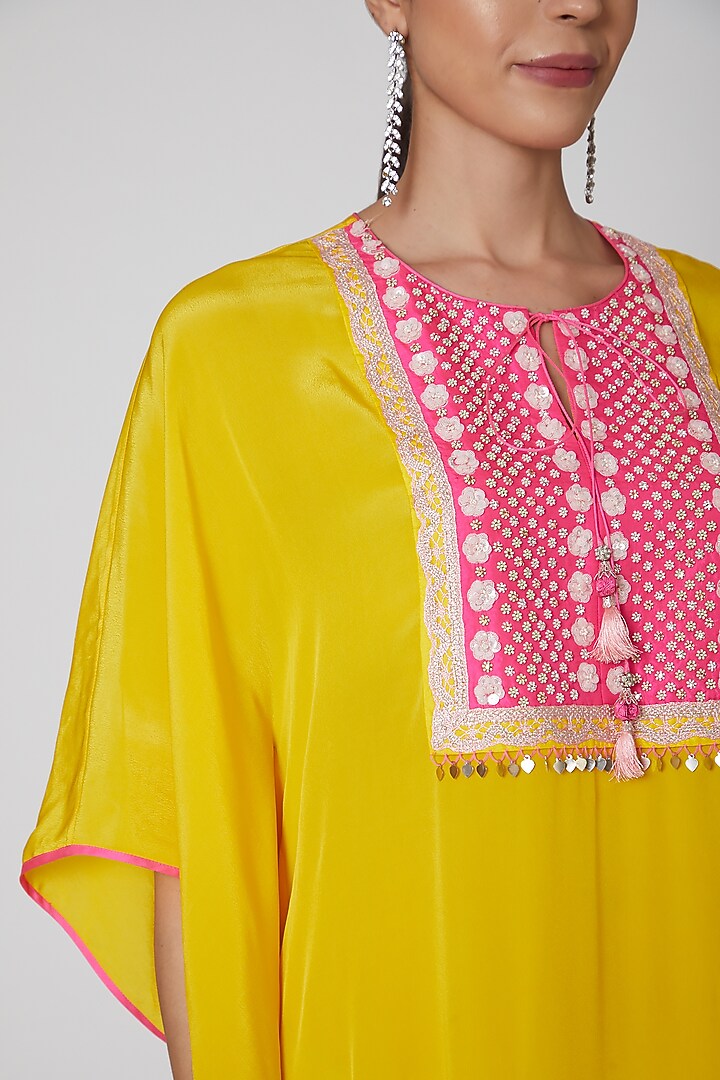 Yellow & Fuchsia Embroidered Kaftan by MADZIN at Pernia's Pop Up Shop