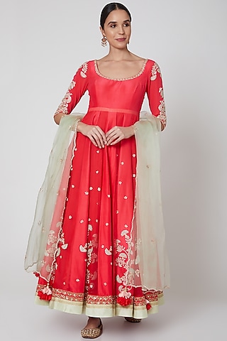 Red Embroidered Anarkali Set by MADZIN