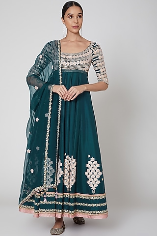 Emerald Green Embroidered Anarkali Set by MADZIN