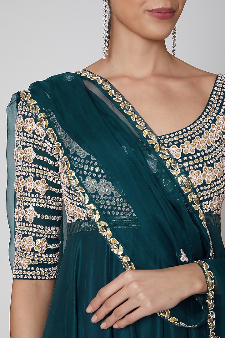 Emerald Green Embroidered Bridal Anarkali Set by MADZIN at Pernia's Pop Up Shop
