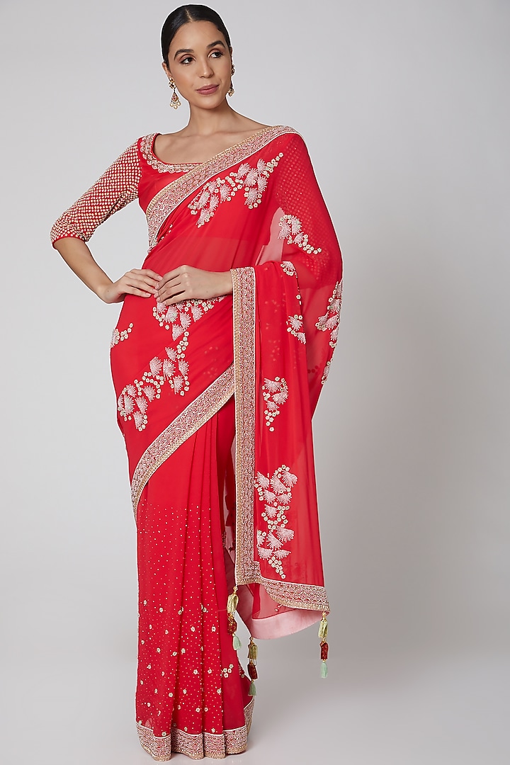 Red Embroidered Saree Set by MADZIN
