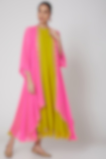 Yellow & Fuchsia Jumpsuit With Cape by MADZIN