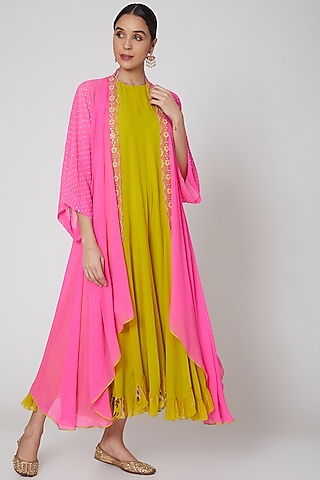 Yellow & Fuchsia Jumpsuit With Cape by MADZIN