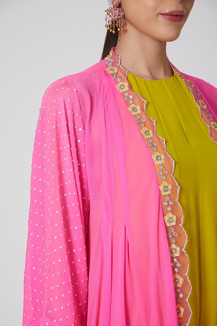 Yellow & Fuchsia Jumpsuit With Cape by MADZIN at Pernia's Pop Up Shop