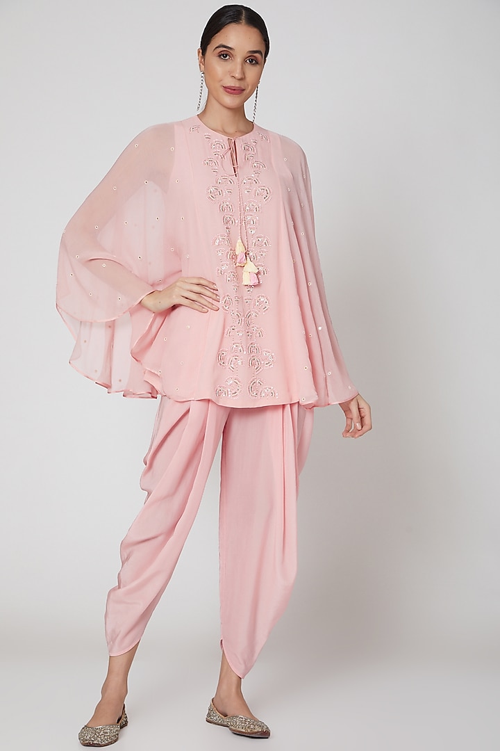 Blush Pink Embroidered Short Kurta Set by MADZIN