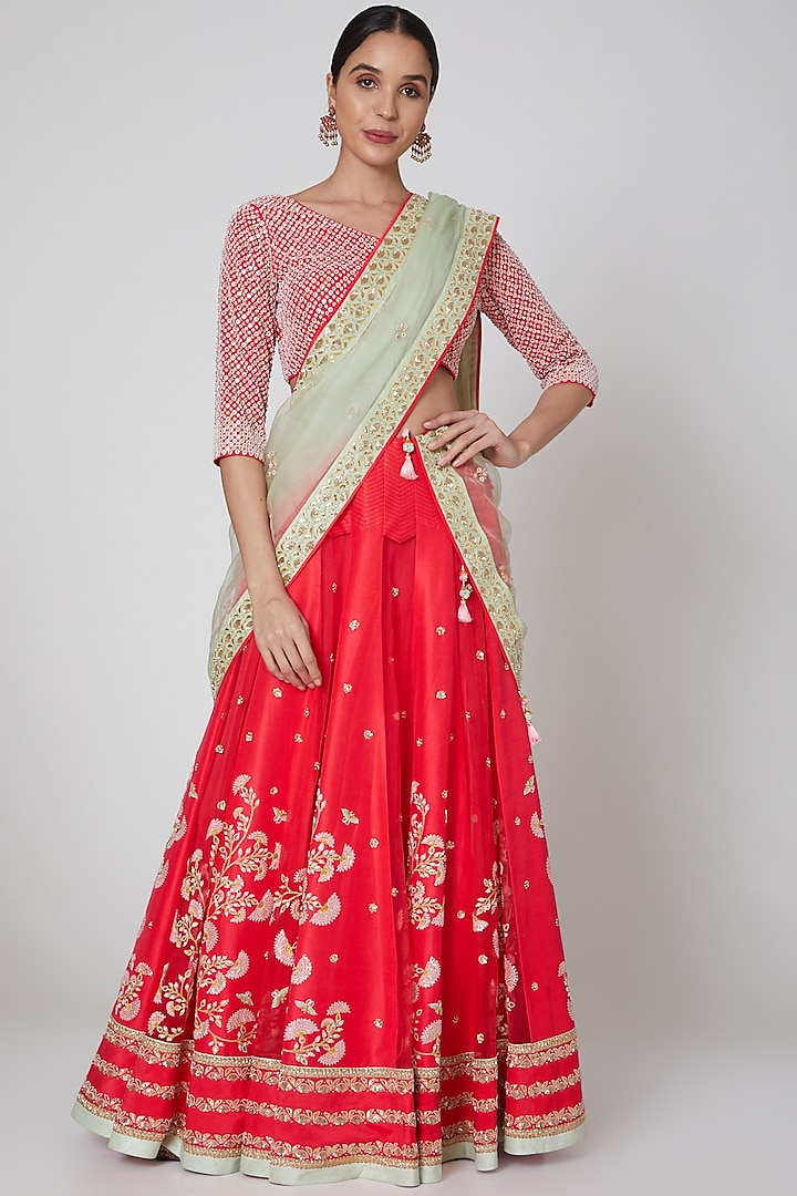 Poppy Red & Mint Embroidered Lehenga Set by MADZIN