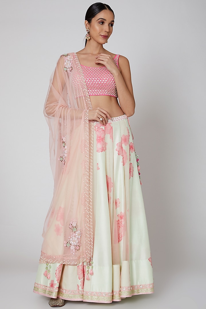 Mint & Blush Pink Embroidered Lehenga Set by MADZIN