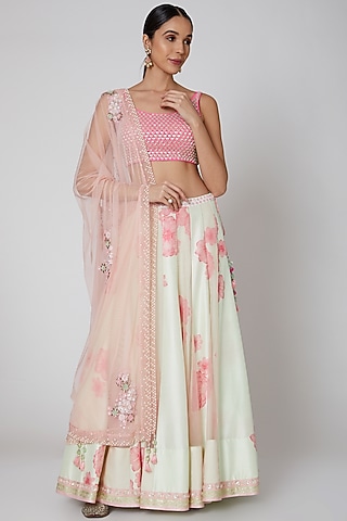 Mint & Blush Pink Embroidered Lehenga Set by MADZIN