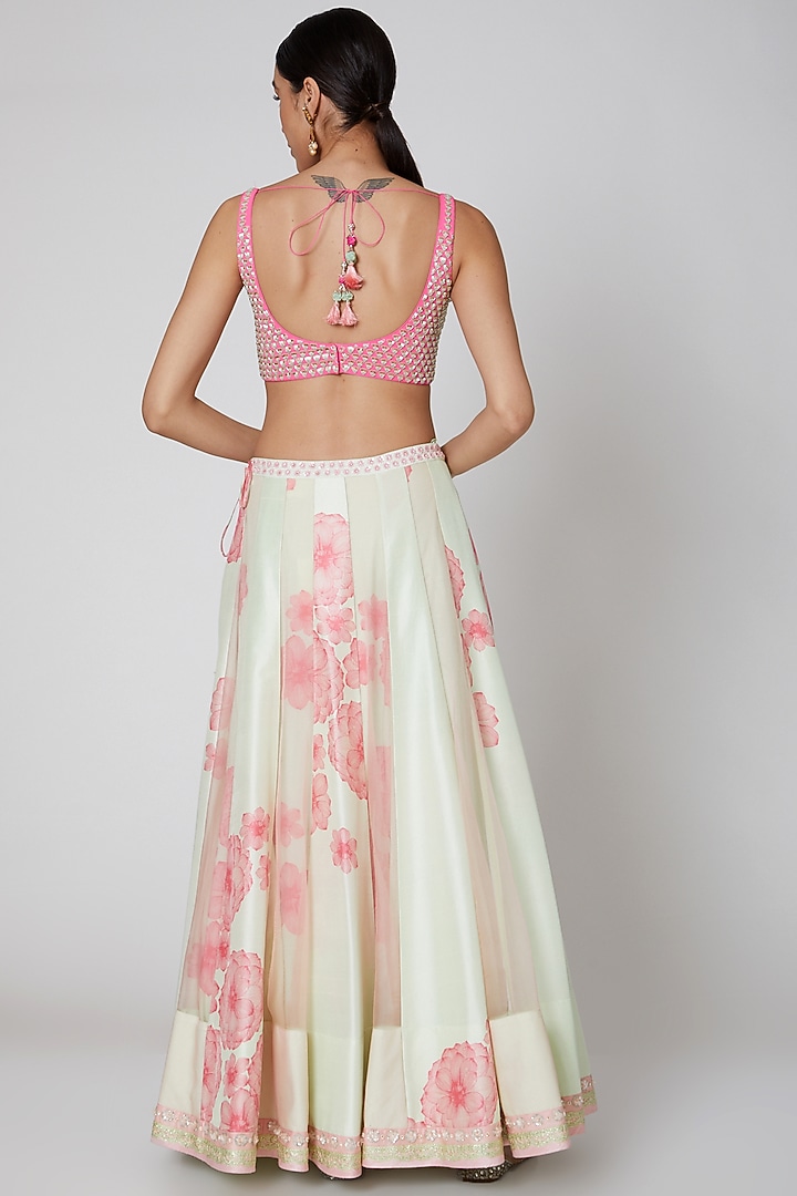 Mint & Blush Pink Embroidered Wedding Lehenga Set by MADZIN at Pernia's Pop Up Shop