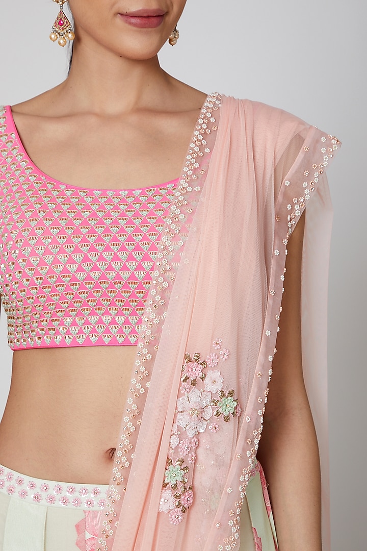 Mint & Blush Pink Embroidered Wedding Lehenga Set by MADZIN at Pernia's Pop Up Shop