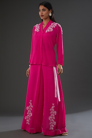 Fuchsia Embroidered Pant Set by MADZIN