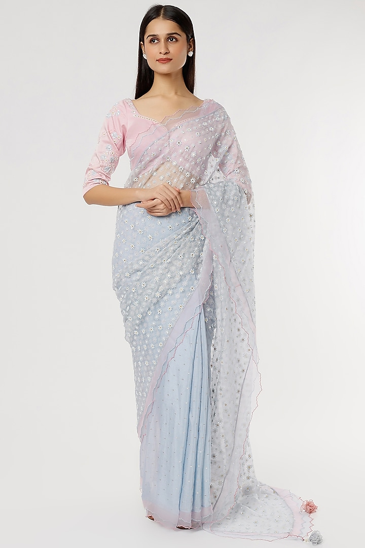 Ice Blue Embroidered Saree Set by MADZIN