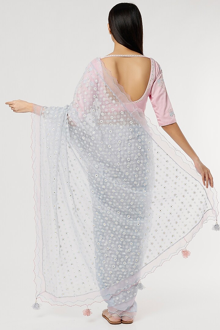 Ice Blue Embroidered Wedding Saree Set by MADZIN at Pernia's Pop Up Shop