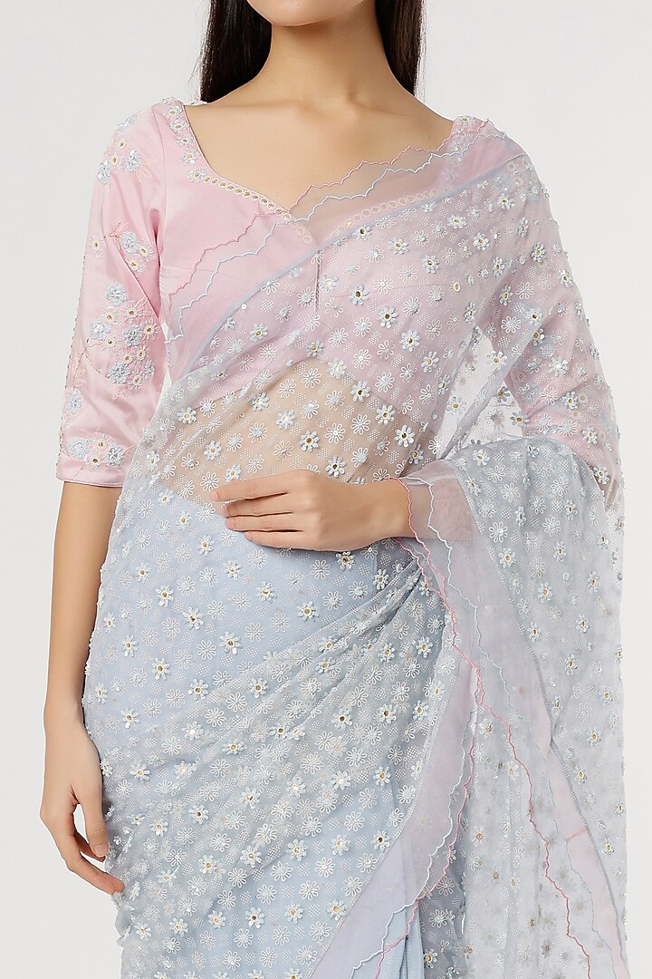 Ice Blue Embroidered Wedding Saree Set by MADZIN at Pernia's Pop Up Shop