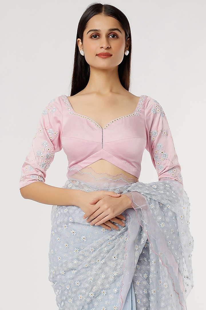 Ice Blue Embroidered Wedding Saree Set by MADZIN at Pernia's Pop Up Shop