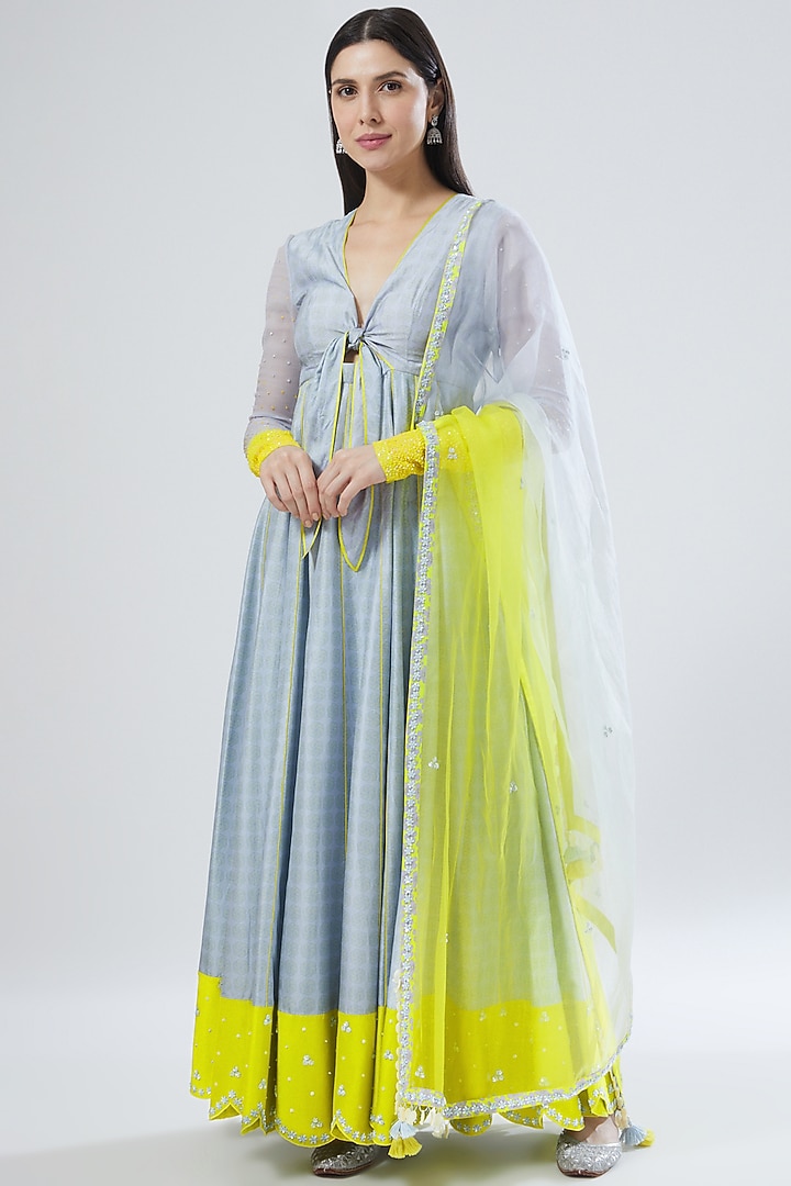 Blue Embroidered Wedding Anarkali Set by MADZIN at Pernia's Pop Up Shop