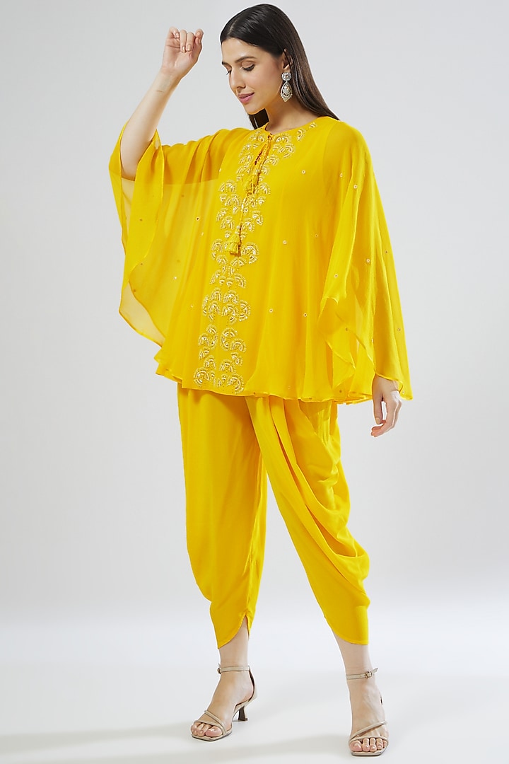 Yellow Silk Crepe Dhoti Set by MADZIN