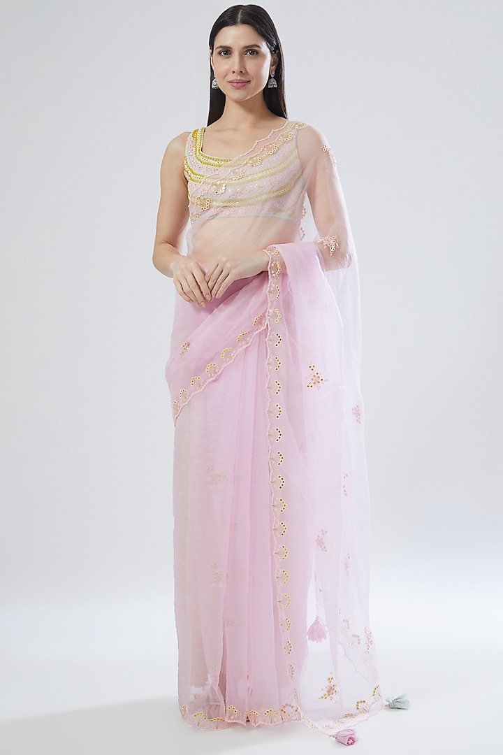 Blush Pink Embroidered Wedding Saree Set by MADZIN at Pernia's Pop Up Shop