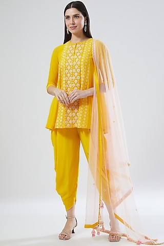 Yellow Crepe Dhoti Set by MADZIN