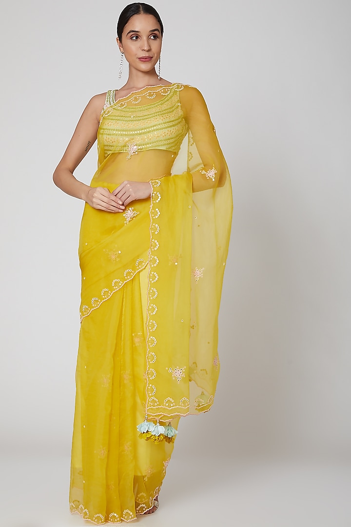 Yellow & Mint Embroidered Saree Set by MADZIN
