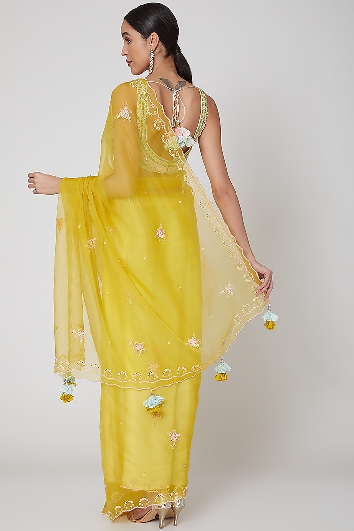 Yellow & Mint Embroidered Wedding Saree Set by MADZIN at Pernia's Pop Up Shop