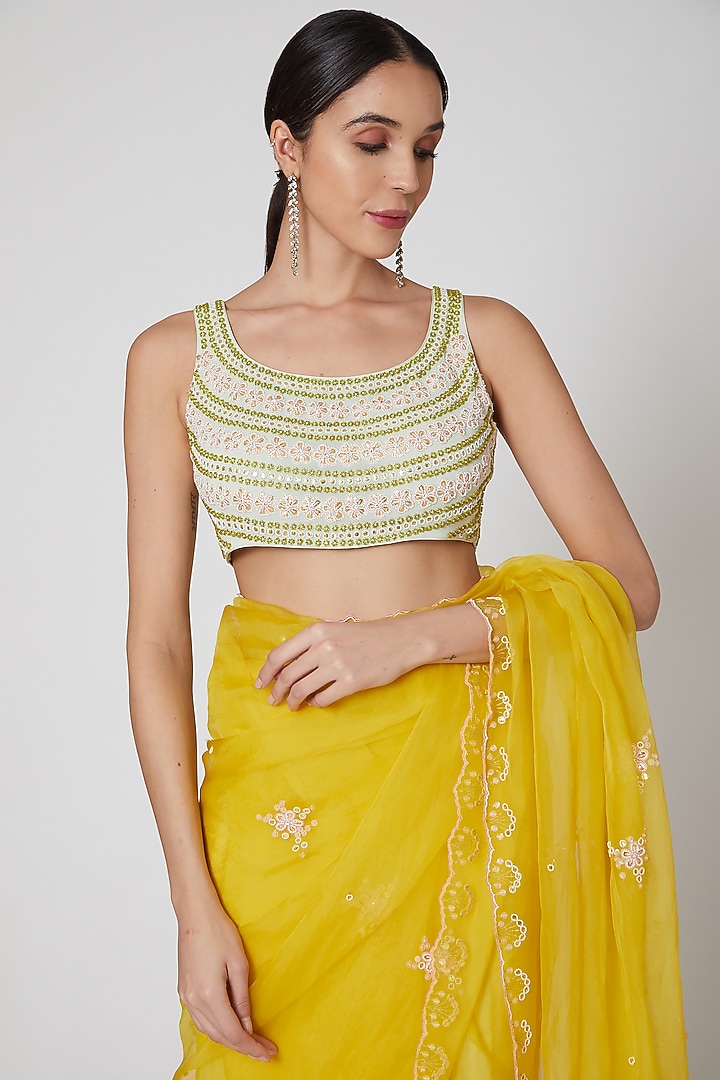 Yellow & Mint Embroidered Wedding Saree Set by MADZIN at Pernia's Pop Up Shop