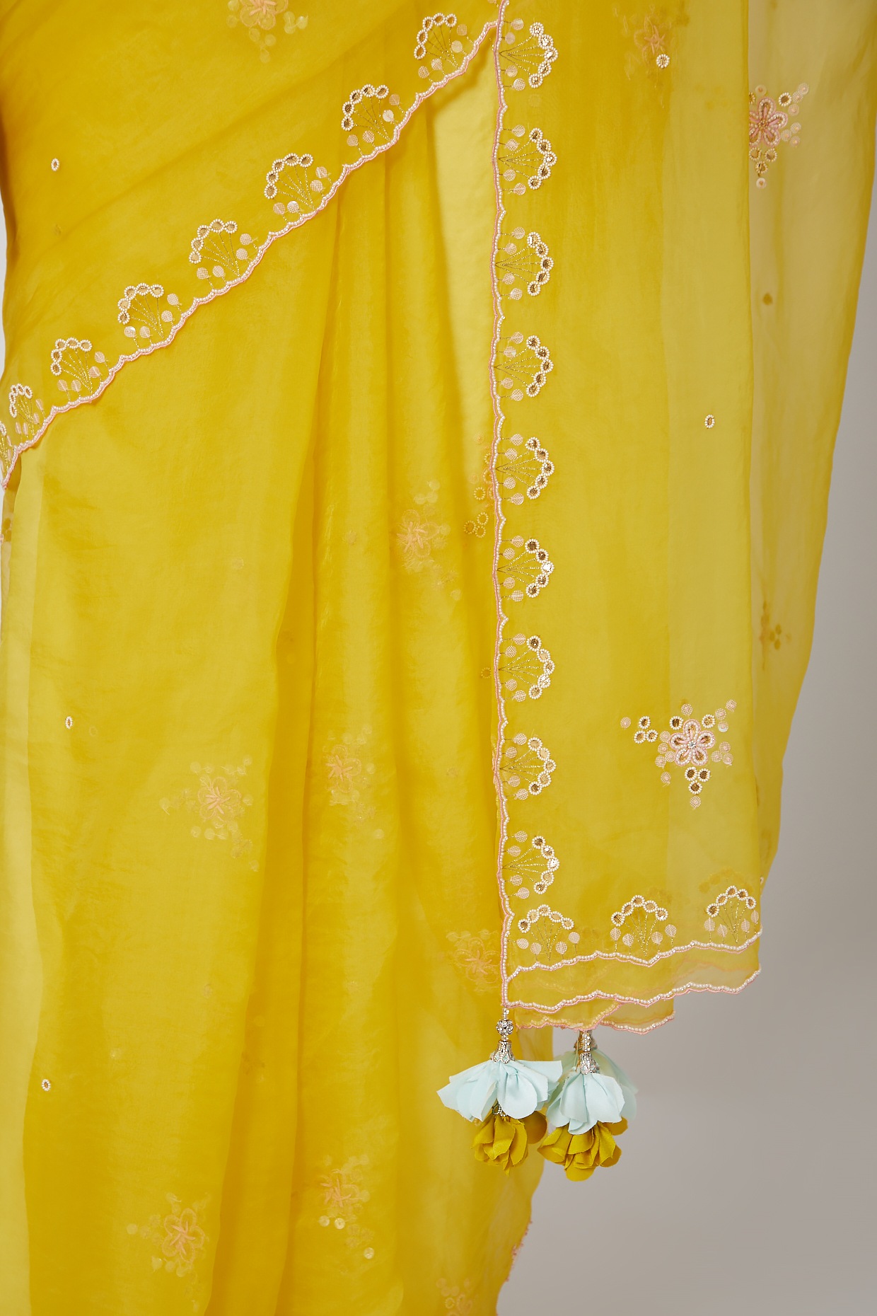 Buy Lemon Yellow Saree In Organza With Multi Colored Applique Flowers On  The Border And Cut Dana Accents KALKI Fashion India