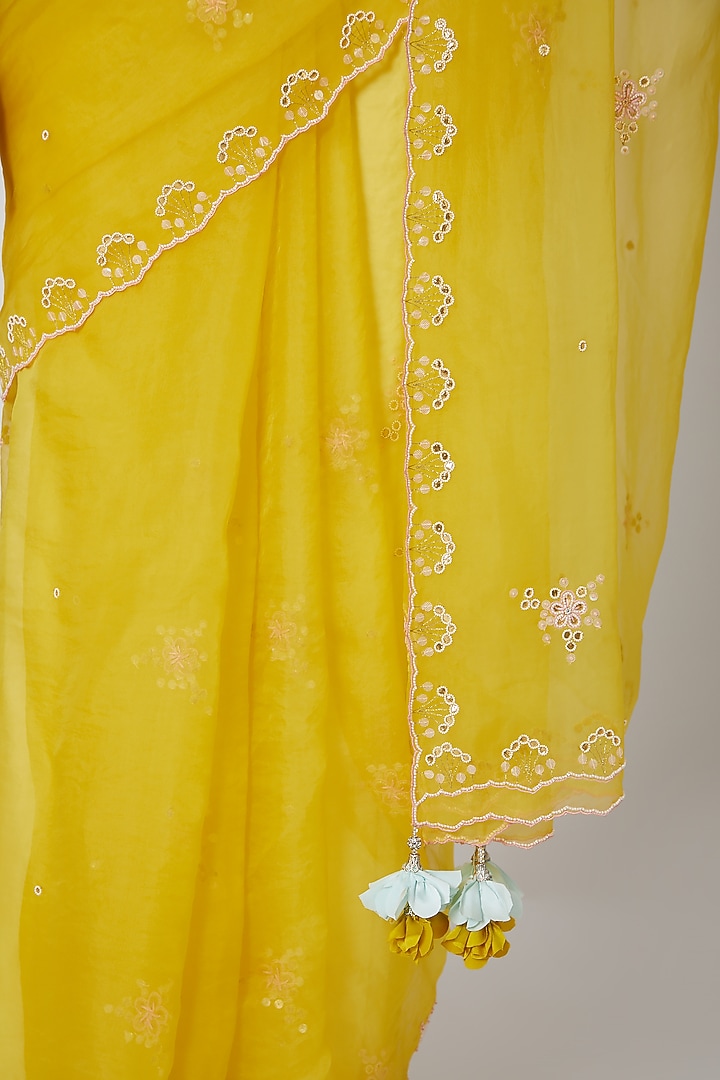 Yellow & Mint Embroidered Wedding Saree Set by MADZIN at Pernia's Pop Up Shop