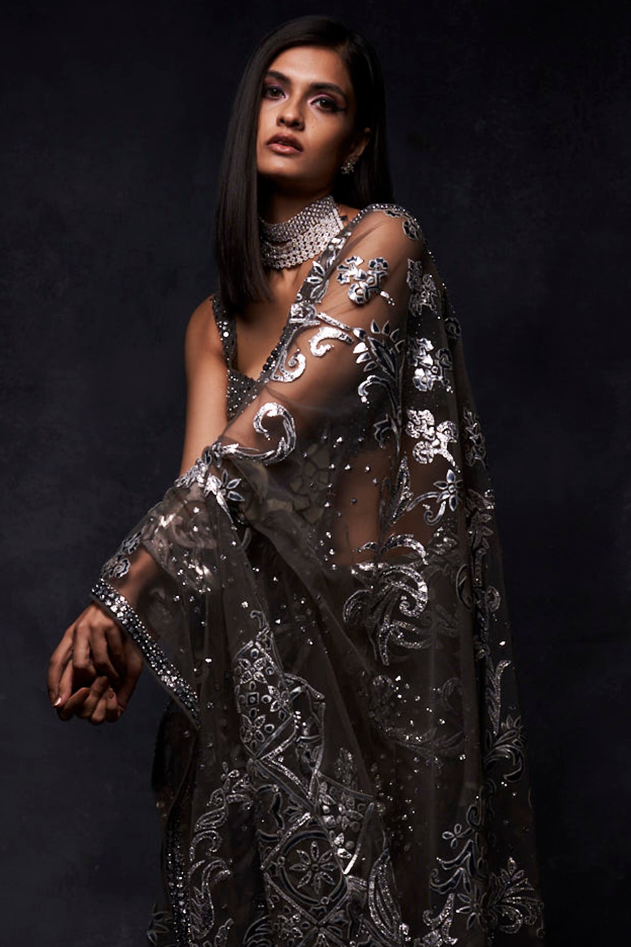 Buy Metallic Silver Pre-Pleated Saree In Satin With An Embroidered Halter  Blouse - DEME X KALKI