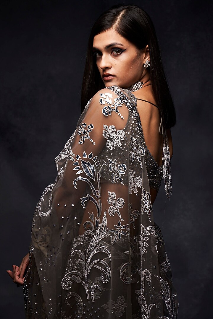 Silver Metallic Embroidered Reception Saree Set by Seema Gujral at Pernia's Pop Up Shop