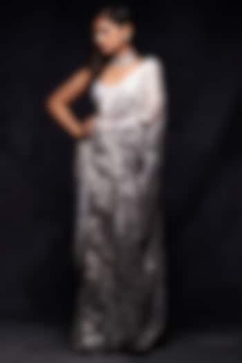 Grey & White Embroidered Reception Saree Set by Seema Gujral at Pernia's Pop Up Shop