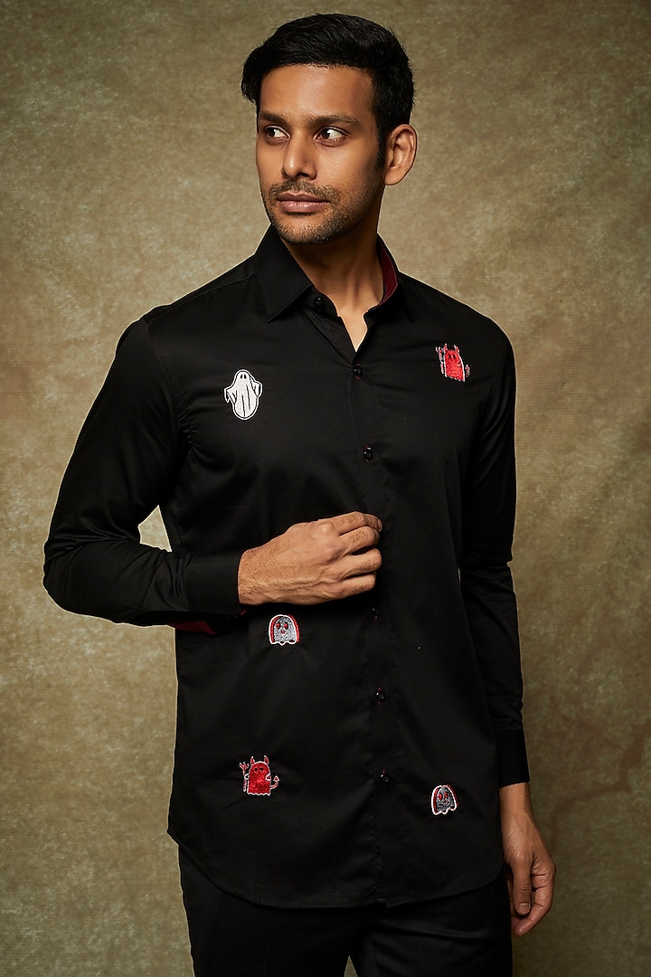 Black Cotton Hand Embroidered Shirt by NAMAN AHUJA