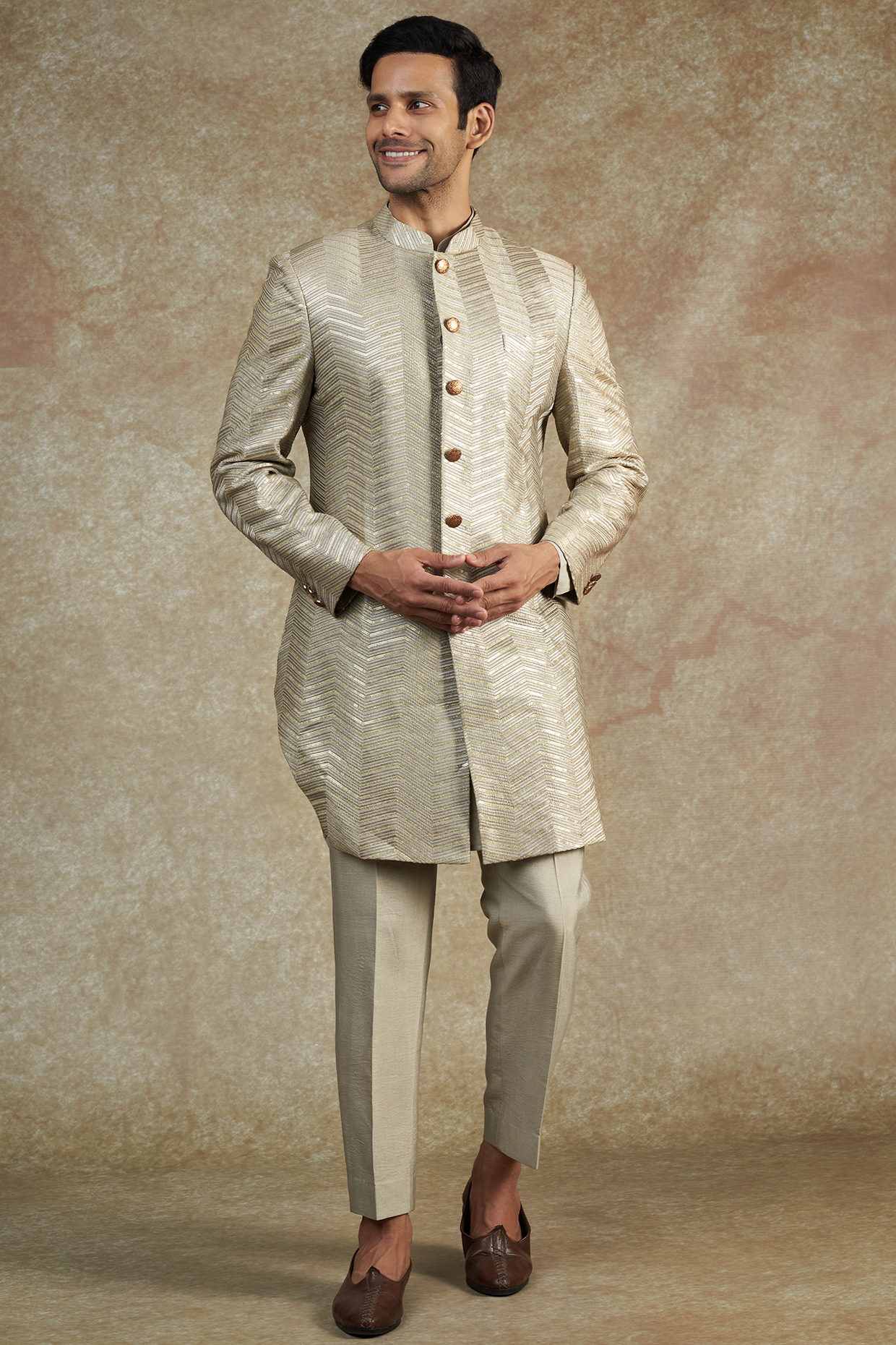 Grey Pure Silk Embroidered Indowestern Set by NAMAN AHUJA