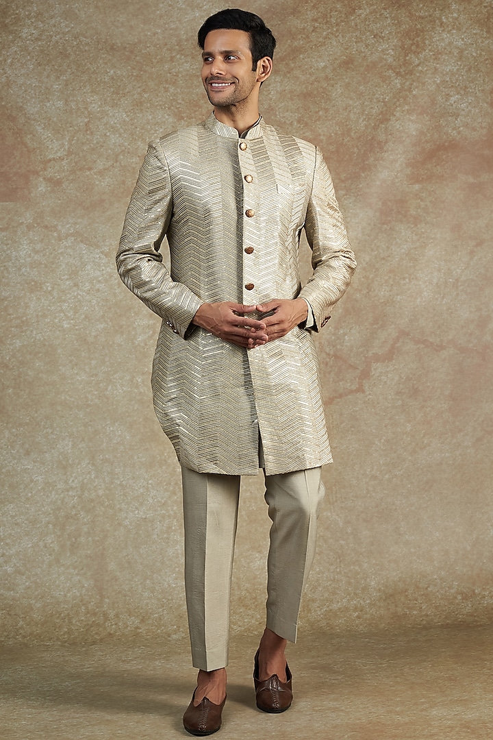 Grey Pure Silk Embroidered Indowestern Set by NAMAN AHUJA