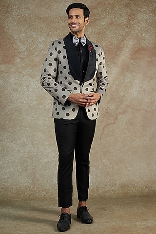 Grey Velvet Polka Dotted Tuxedo Set by NAMAN AHUJA