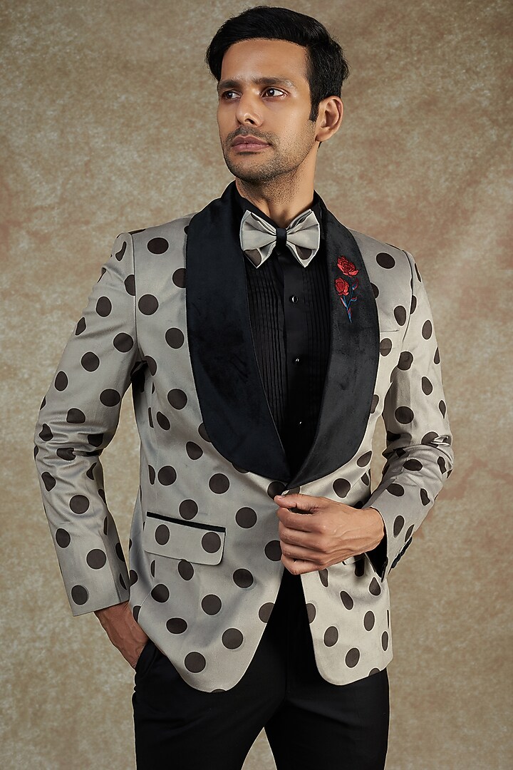 Grey Velvet Polka Dotted Tuxedo Set by NAMAN AHUJA at Pernia's Pop Up Shop