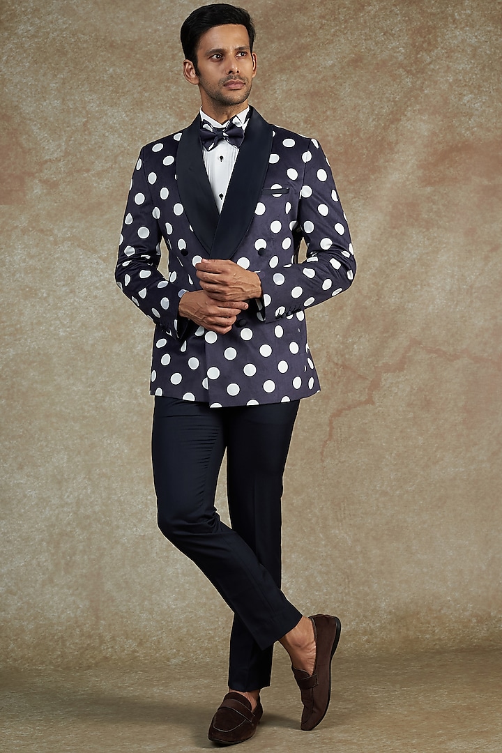 Blue Velvet Polka Dotted Tuxedo Set by NAMAN AHUJA