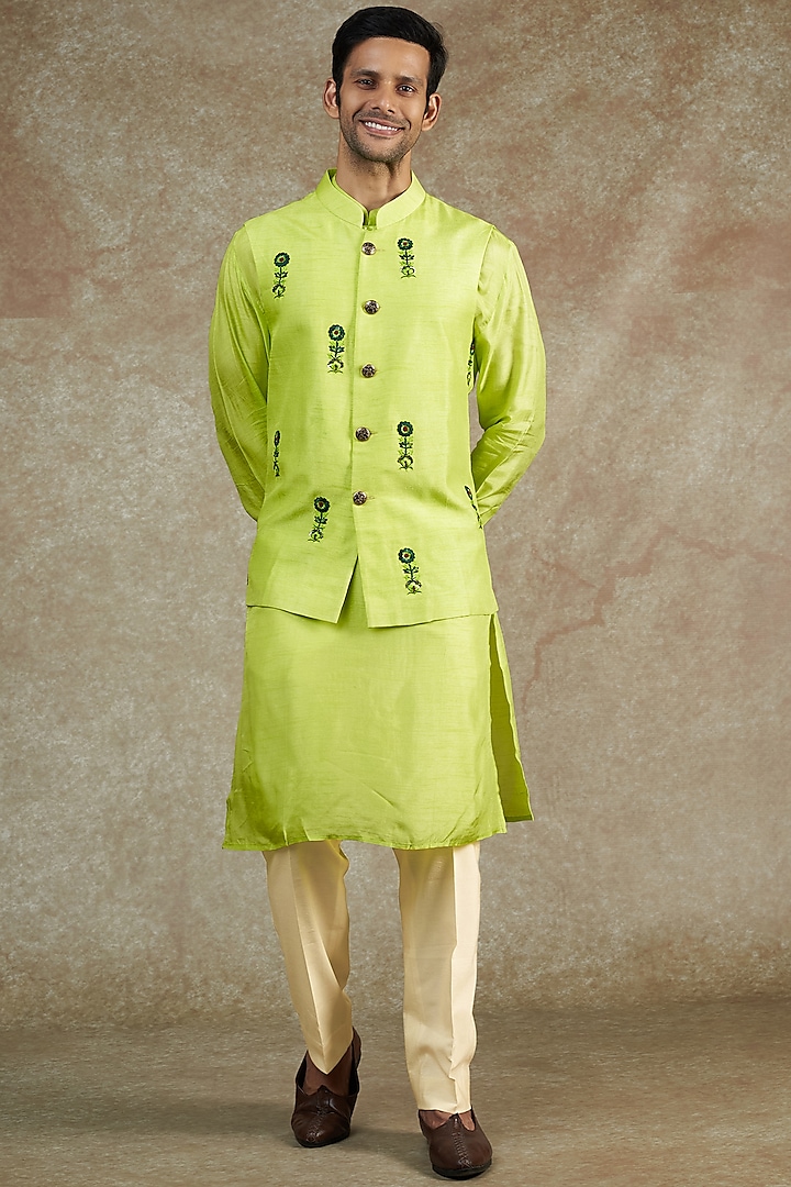 Lime Green Silk Embroidered Nehru Jacket With Kurta Set by NAMAN AHUJA