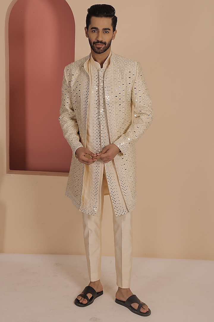 Beige Silk Mirror Work Indowestern Set by NAMAN AHUJA