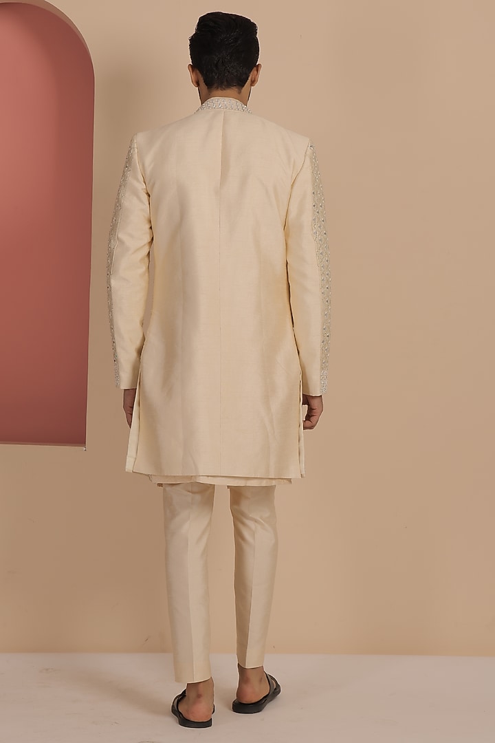 Beige Silk Mirror Work Wedding Indowestern Set by NAMAN AHUJA at Pernia's Pop Up Shop