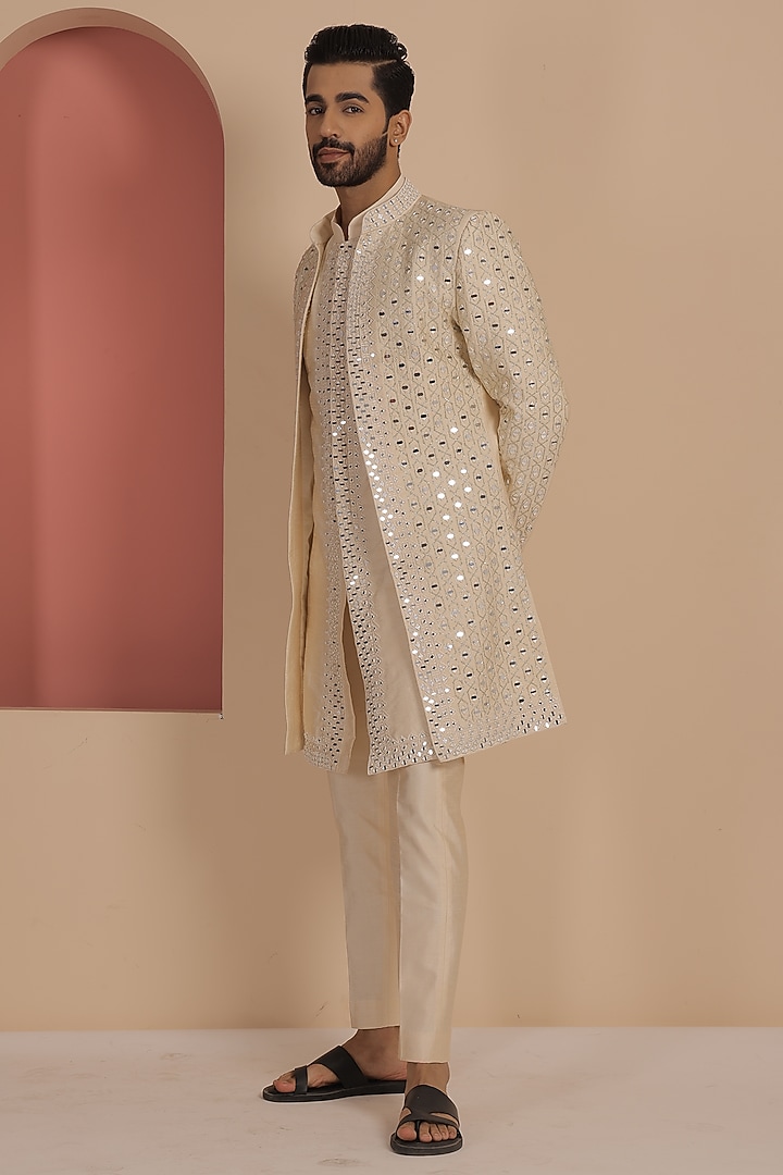 Beige Silk Mirror Work Wedding Indowestern Set by NAMAN AHUJA at Pernia's Pop Up Shop