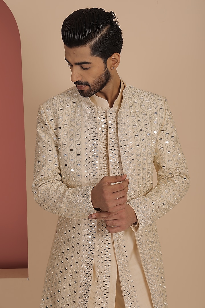 Beige Silk Mirror Work Wedding Indowestern Set by NAMAN AHUJA at Pernia's Pop Up Shop