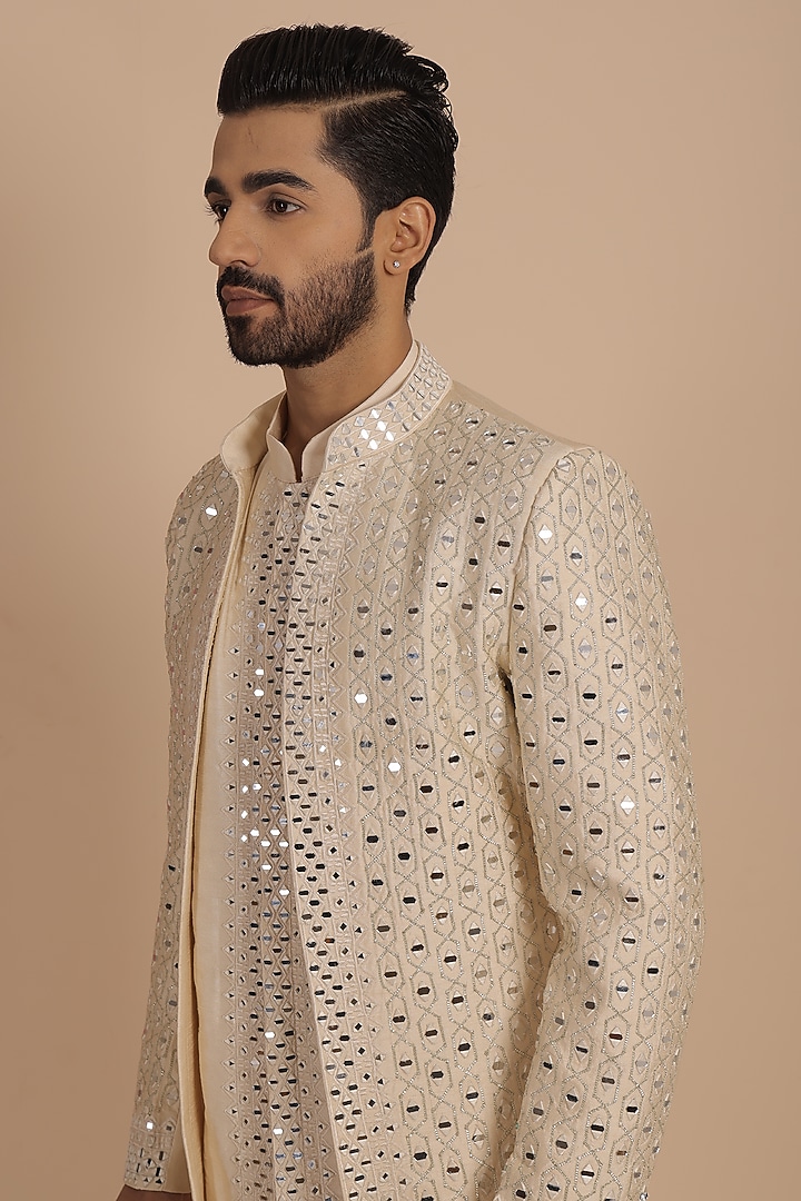 Beige Silk Mirror Work Wedding Indowestern Set by NAMAN AHUJA at Pernia's Pop Up Shop