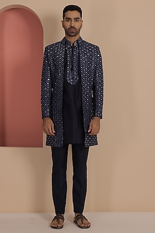 Blue Silk Mirror Work Indowestern Set by NAMAN AHUJA