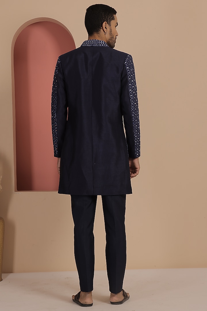 Blue Silk Mirror Work Wedding Indowestern Set by NAMAN AHUJA at Pernia's Pop Up Shop